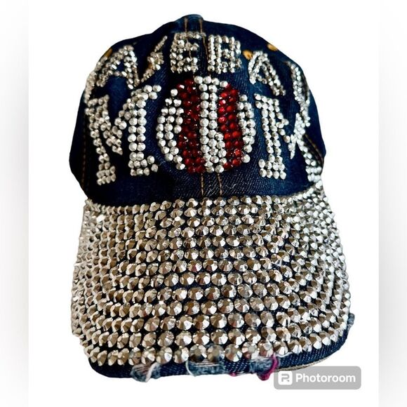 NEW Denim Cap “Baseball Mom” Adjustable Hat Bling Blinged Out w/Distressed Visor - Picture 1 of 5